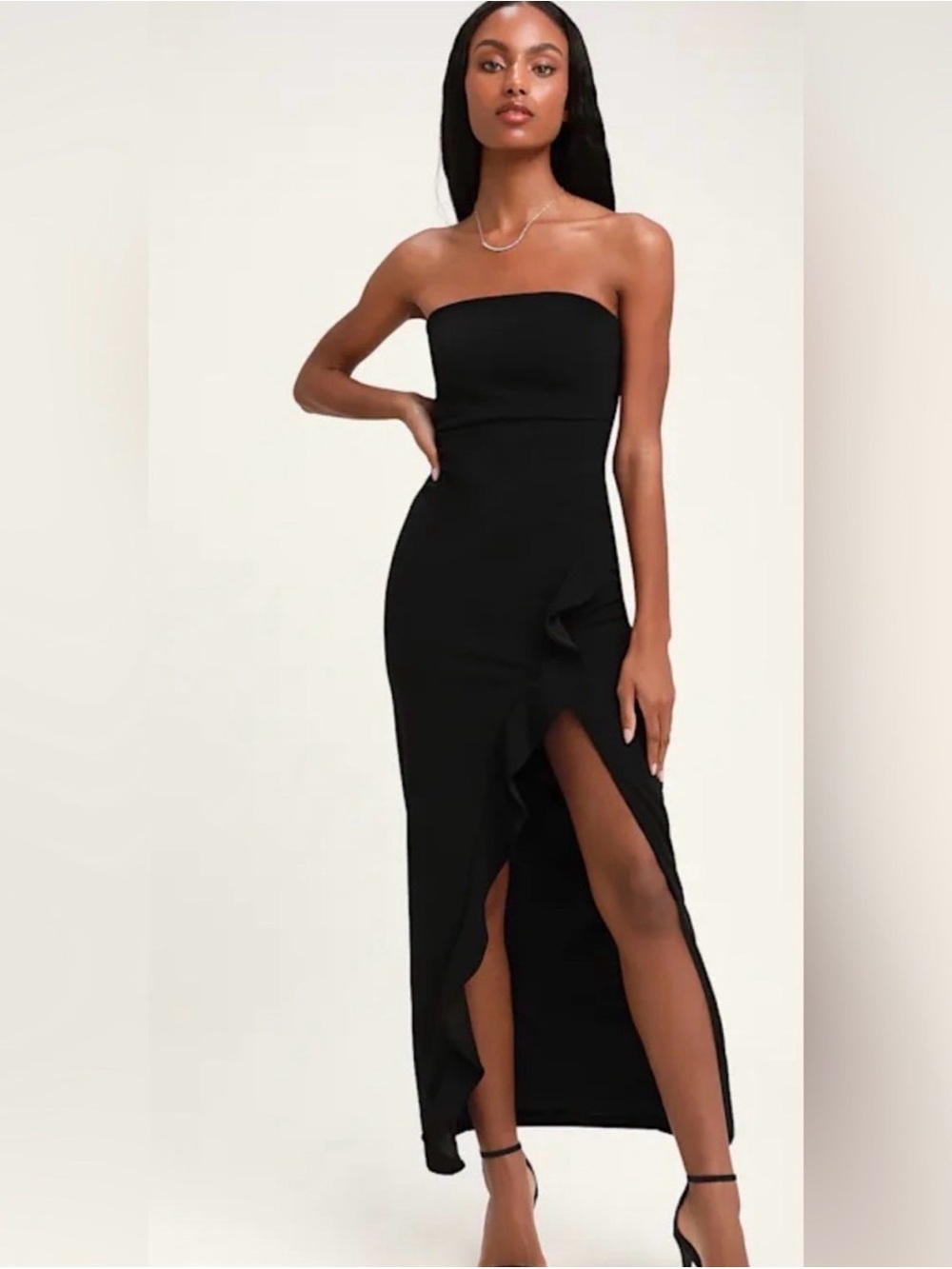 Lulu's After House Black Strapless Ruffle Split Midi Dress